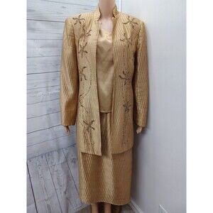 Nina Massini 3 Pcs Blazer Jacket Skirt Top Suit Set Beaded Gold Mustard Sz 8